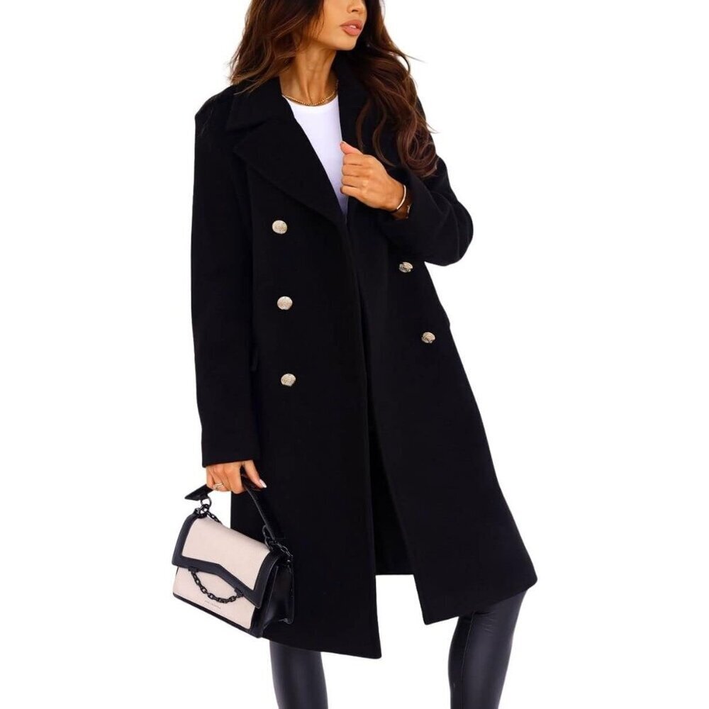 Women's Black Winter Lapel Double Breasted Office Work Long Wool Pea Coat